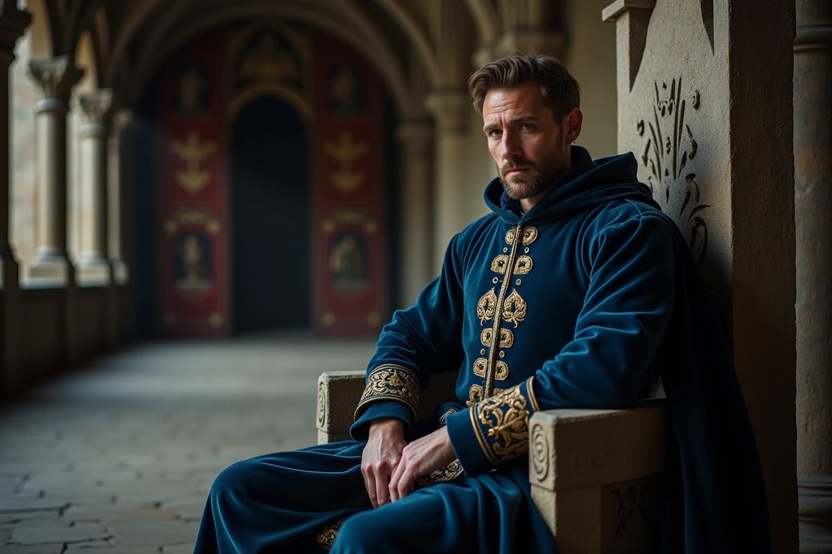 Reconstitution historique d'un roi médiéval en costume royal français du XIVe siècle, symbolisant la folie et le règne troublé de Charles VI