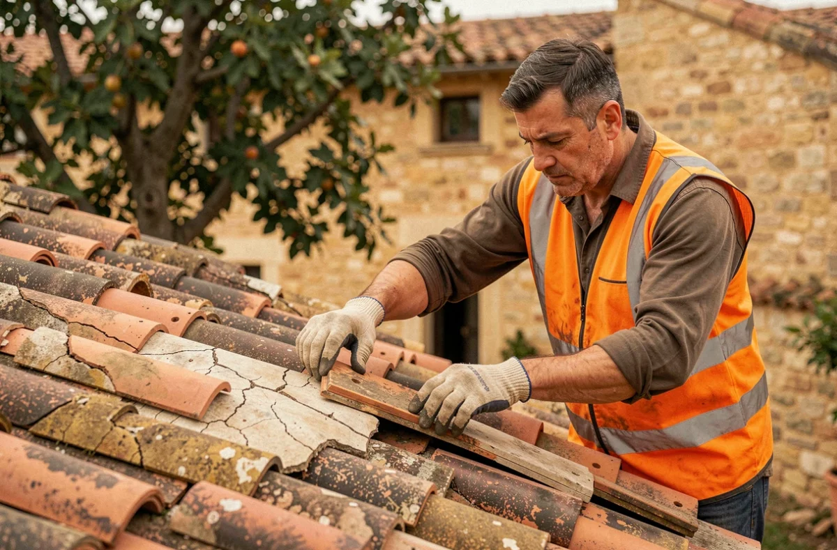 Spécialiste de Renotoit remplaçant des tuiles endommagées lors d'une rénovation de toit dans un village provençal