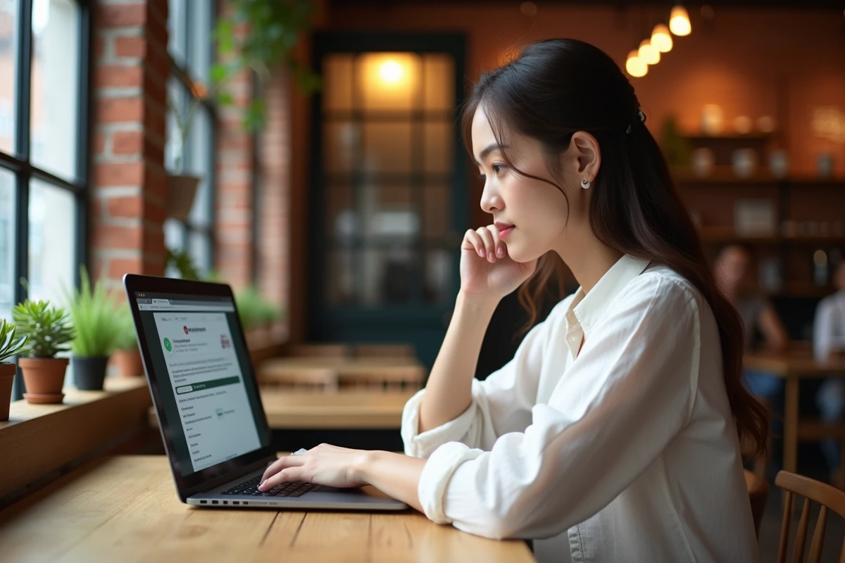 Jeune femme consultant la page d'abonnement Amazon Prime sur son ordinateur dans un café