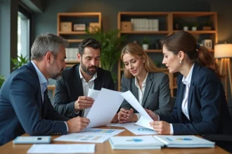 Groupe de quatre professionnels autour d'une table en réunion