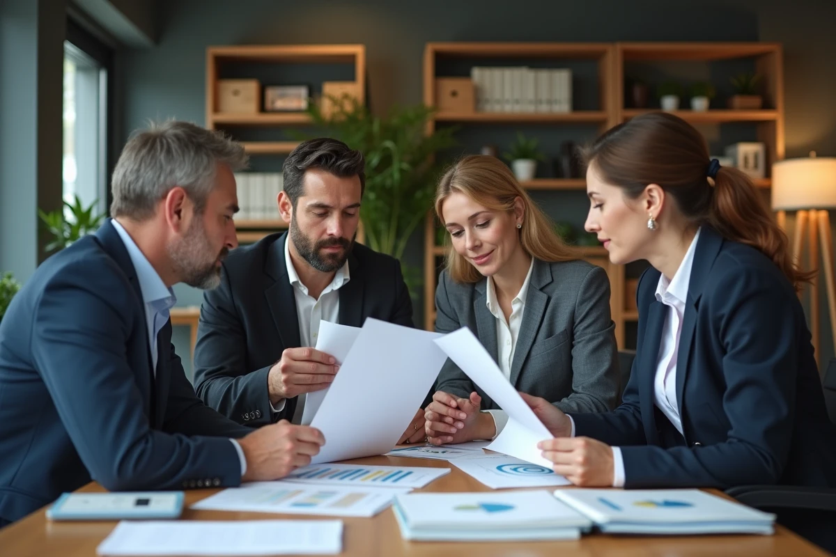 Groupe de quatre professionnels autour d'une table en réunion