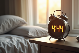 Réveil électronique affichant 4h44 au matin dans une chambre