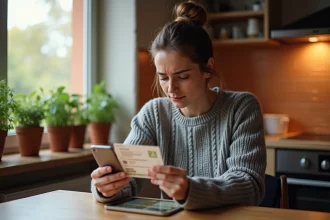 Femme tenant un billet de concert inutilisé à la main, assise à une table de cuisine avec son smartphone affichant une application de revente de billets