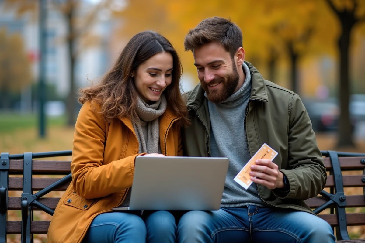 Deux amis assis sur un banc dans un parc urbain en automne, consultant ensemble un site de revente de billets de concert sur un ordinateur portable