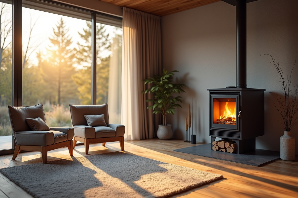 Salon moderne avec cheminée en bois et famille souriante