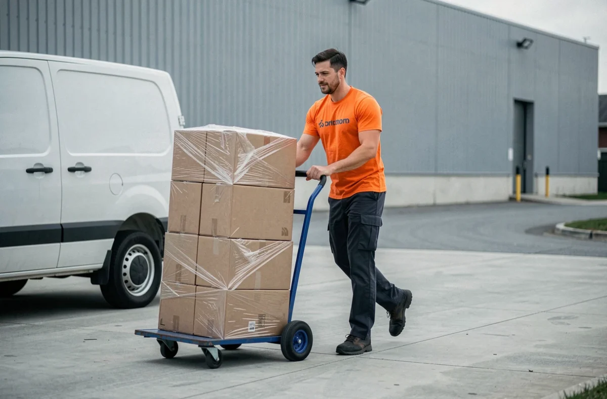 Agent de SLC Services utilisant un diable pour déplacer des cartons lors d'un déménagement à Argenteuil