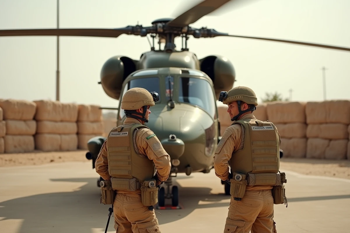 Soldats français effectuant une inspection pré-vol sur un hélicoptère Caracal en opération extérieure