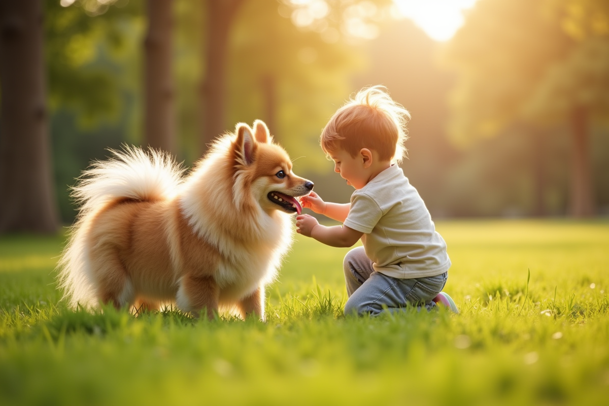 Spitz allemand jouant avec un enfant dans un parc ensoleille