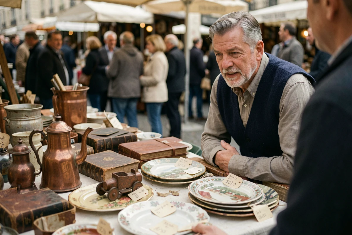 Gros plan sur les objets vintage d'un stand de brocante dans le Nord-59 avec vendeur et client en discussion