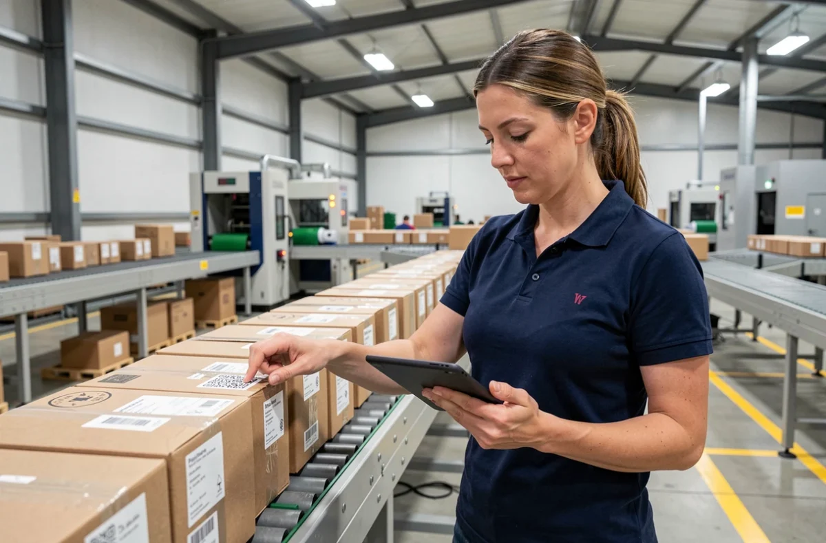 Superviseure logistique inspectant des colis fragiles sur une ligne de tri automatisée dans un entrepôt régional