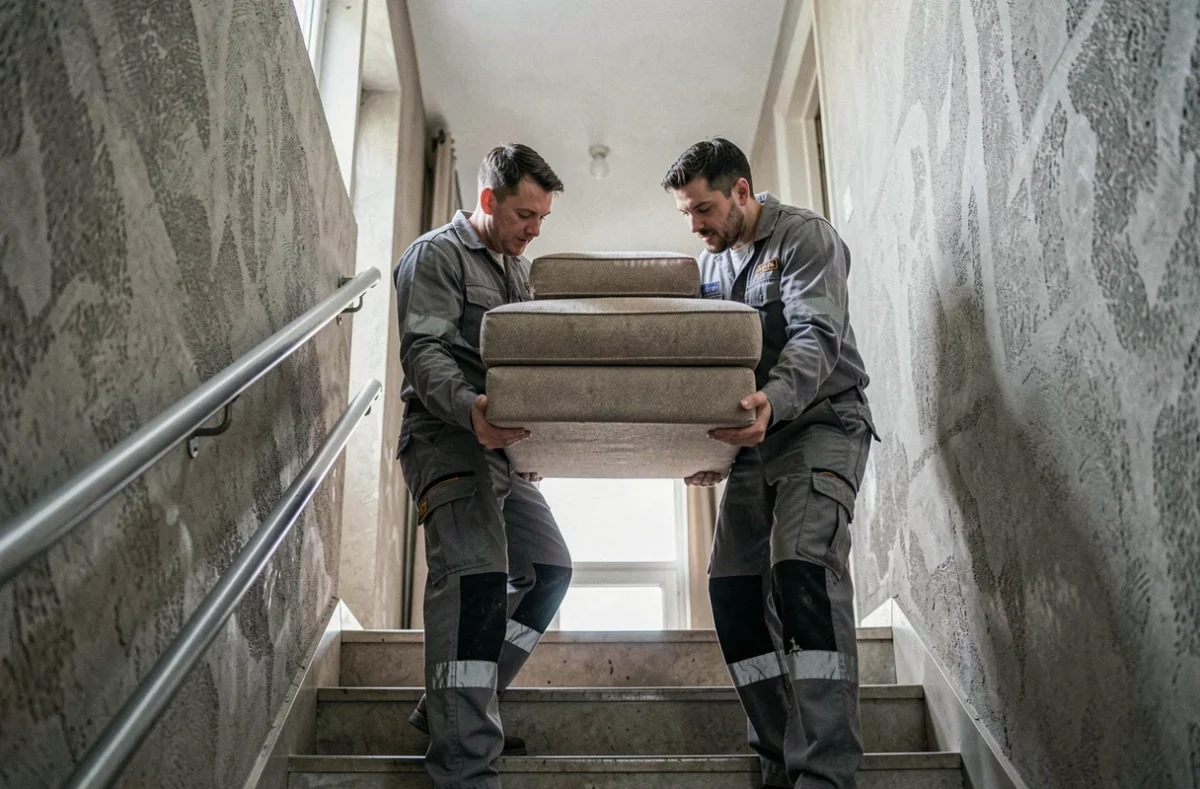 Deux déménageurs de T et T Déménagement 95 portant un canapé dans l'escalier d'un immeuble d'Argenteuil
