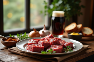 Table rustique avec ingrédients pour carbonade flamande
