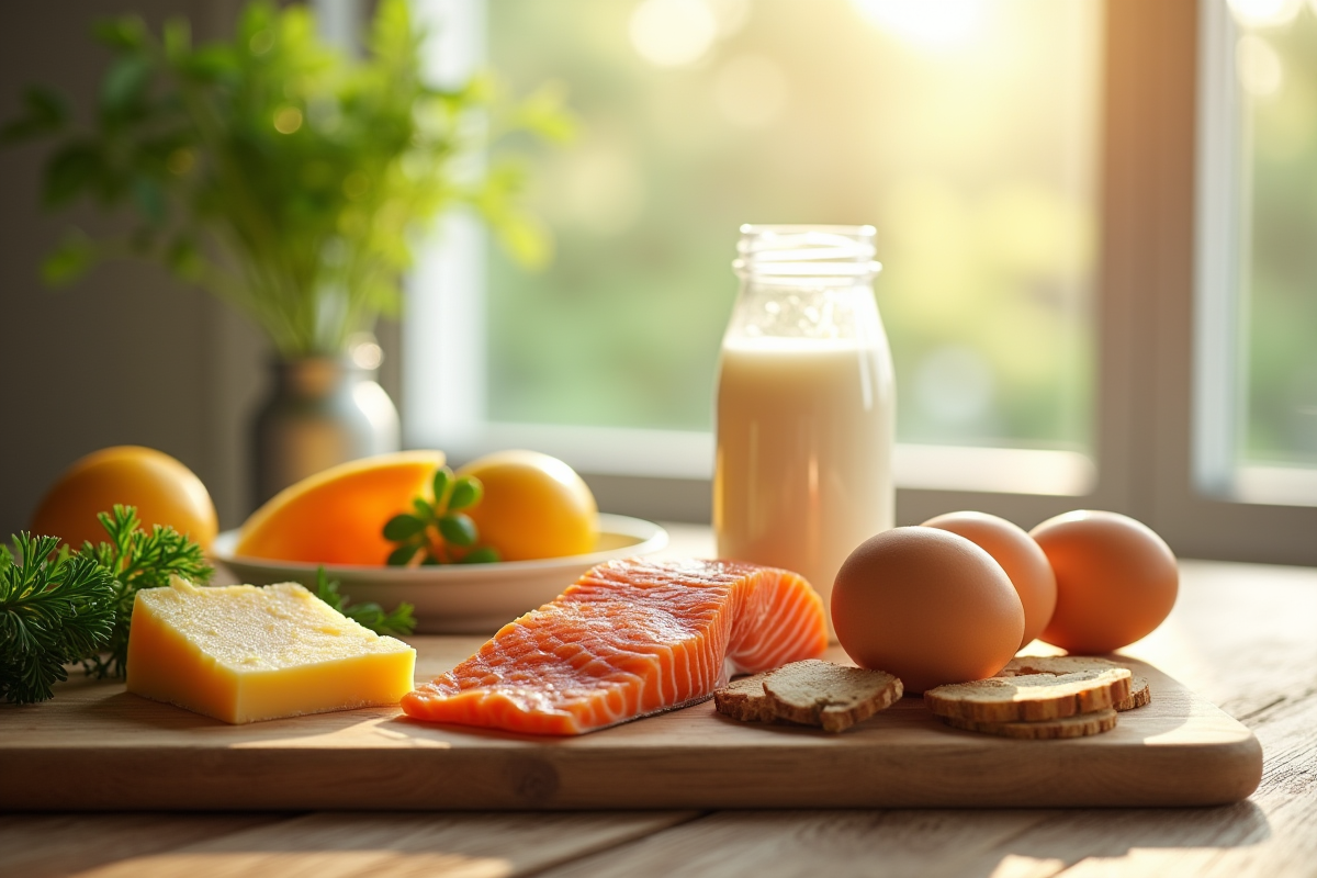 Table en bois près d'une fenêtre ensoleillée avec aliments riches en vitamine D
