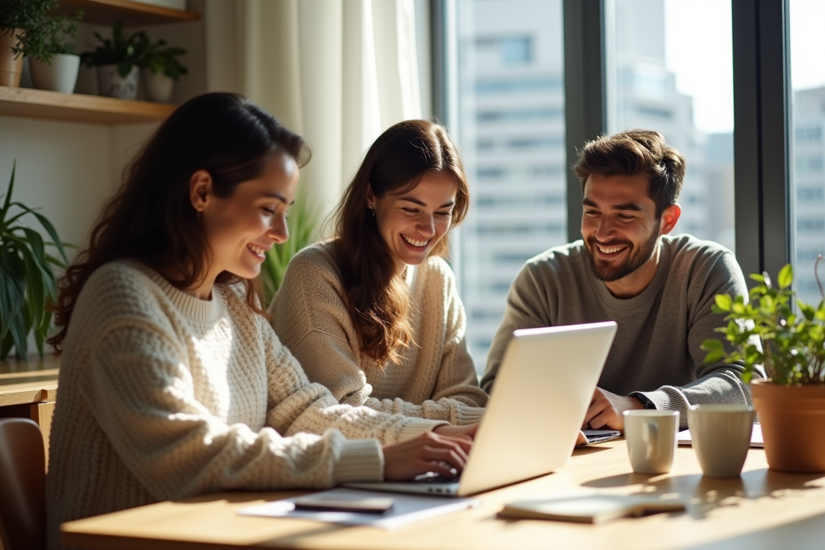 Trois adultes travaillant ensemble dans un espace coworking lumineux
