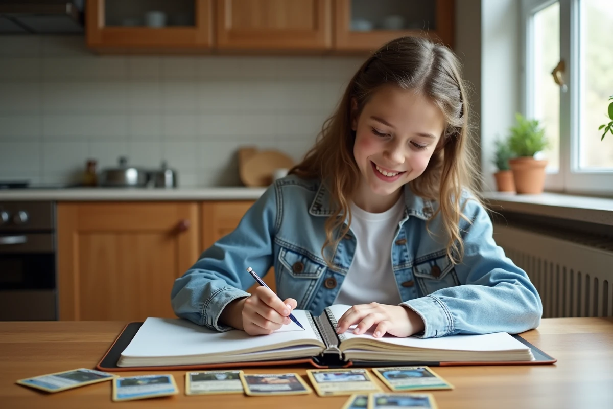 Adolescente classant et triant des cartes Pokémon rares dans un grand classeur avec des intercalaires