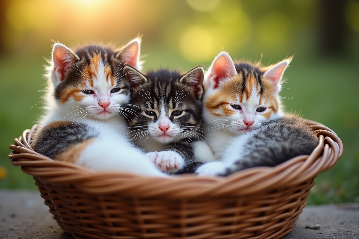Trois chatons calico dans un panier en extérieur au matin