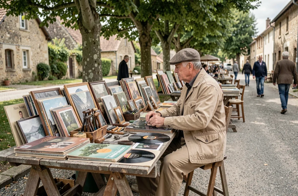 Vendeur âgé derrière son stand de disques vinyles et objets anciens lors d'un vide-greniers dans l'Yonne