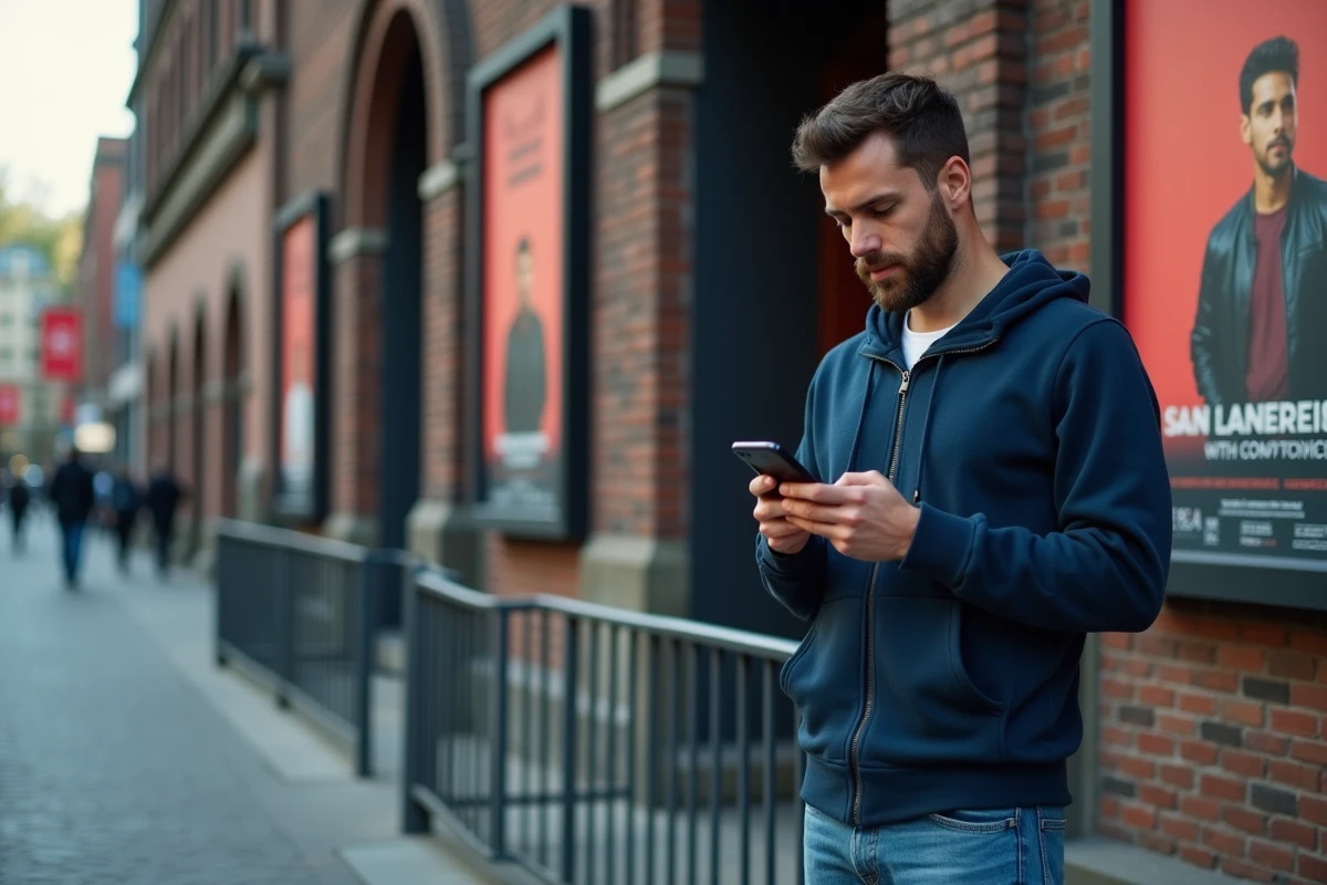 Homme devant l'entrée d'une salle de concert revenant un billet inutilisé via son smartphone, affiches d'événements visibles sur le mur en briques