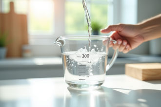 Verre mesureur rempli d'eau à 300 ml sur plan de travail blanc