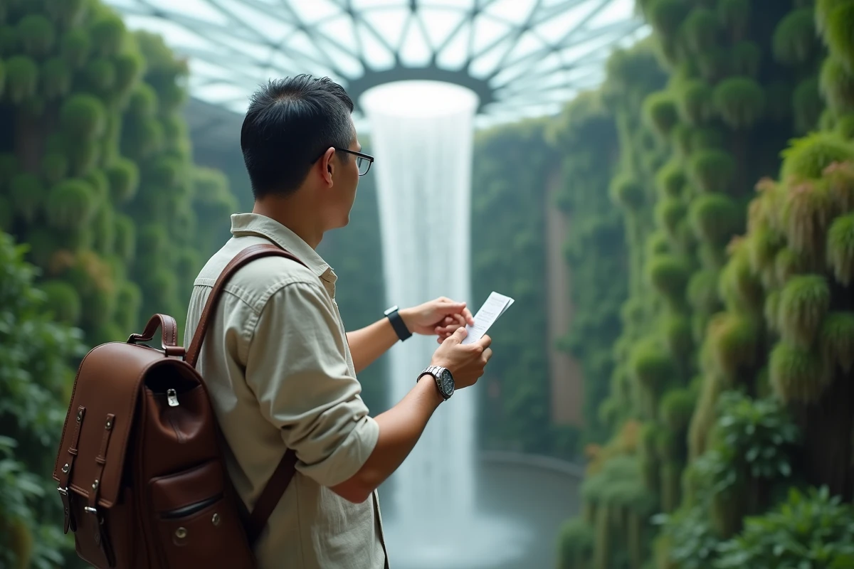 Voyageur vérifiant l'heure sur sa montre à l'aéroport Changi de Singapour avant un vol international