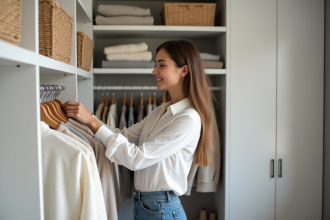 Femme organisée dans son dressing moderne et épuré